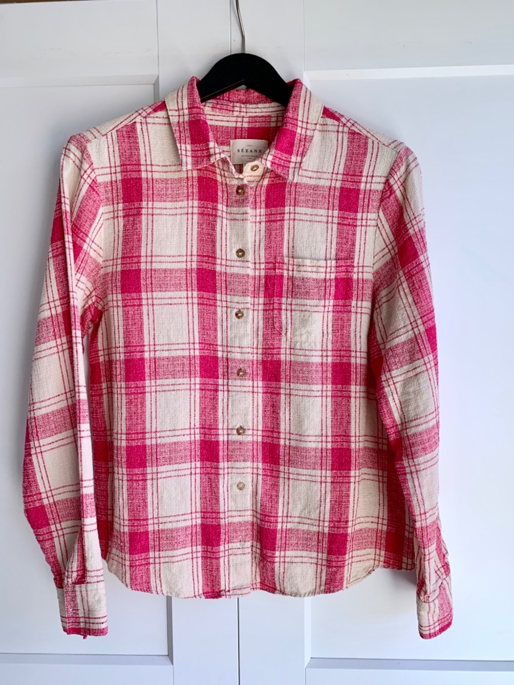 Sézane Plaid Button-Up Blouse Shirt Pink & Cream Linen Blend EU 38